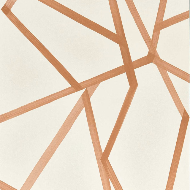 Warm cream wallpaper with irregular copper angular lines and subtle fibrous texture