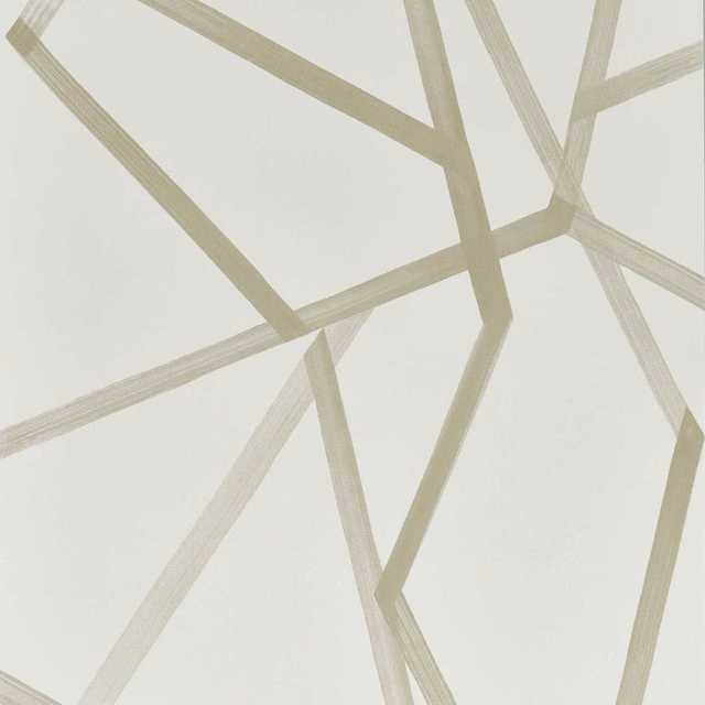 Oyster wallpaper with intersecting muted gilver bands and angular open geometry