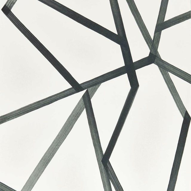 Pearl wallpaper with charcoal angular bands and softly brushed linear texture