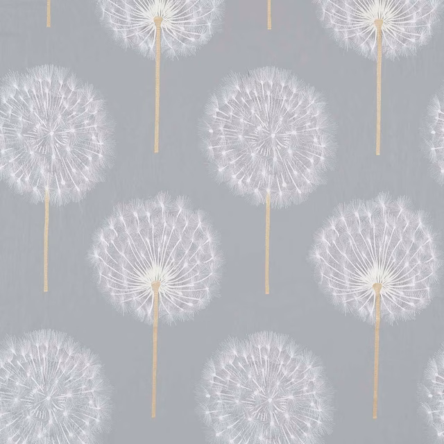 White dandelion motifs and gold stems on a cool slate-grey woven fabric