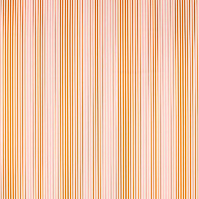 Cream fabric with fine vertical peach and ochre stripes, close-up woven texture