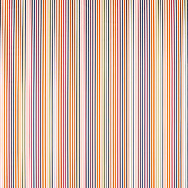 Fine vertical stripes in pomegranate, pink, blue, ochre and green on cream
