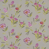 Cerise and zest botanical sprigs on a soft grey woven ground