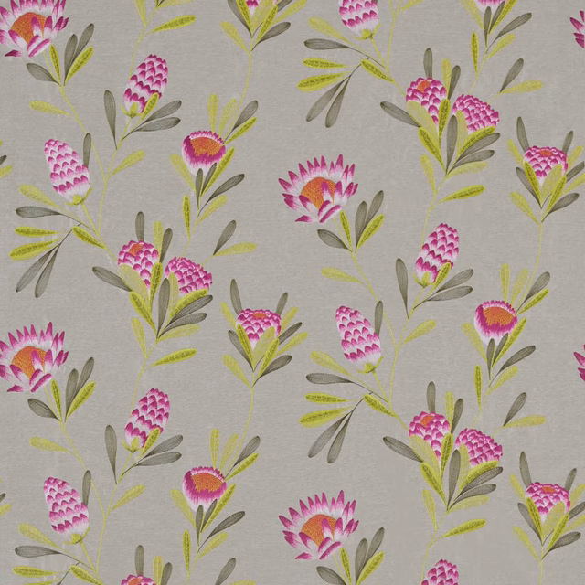 Cerise and zest botanical sprigs on a soft grey woven ground