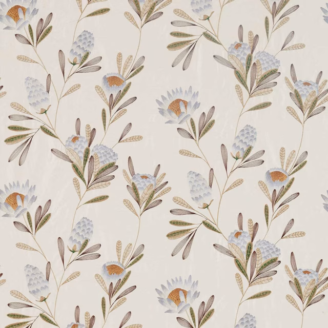Misty cream botanical fabric with sage leaves, blue-grey flowers and ochre accents