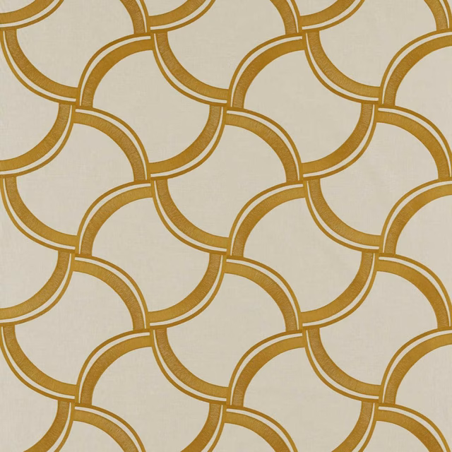 Warm shiitake beige fabric with interlocking Dijon arcs and fine woven texture