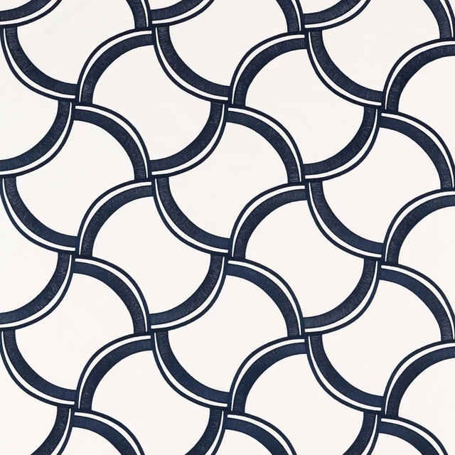 Cream textile with repeating ink-navy interlocking curved bands and fine woven texture