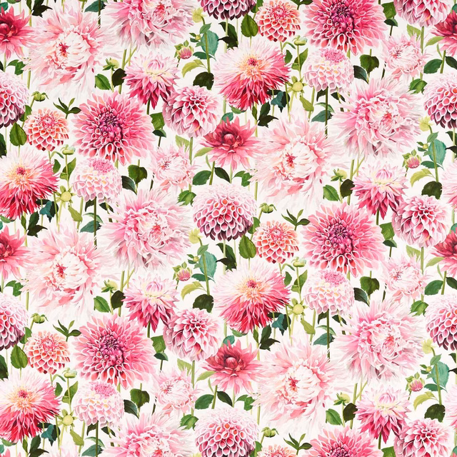Pink dahlia blooms and emerald leaves densely scattered across a white fabric ground