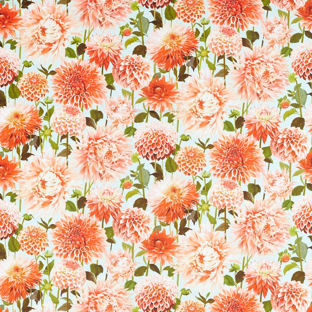 Dense coral and blush dahlia blooms, fig-green leaves and pale sky accents