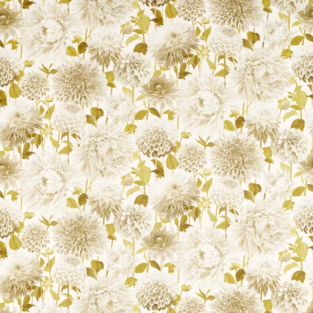 Ivory floral fabric with pale dahlia blooms and olive-green foliage