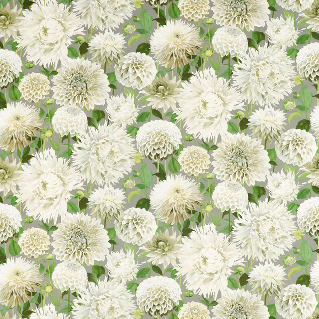 Dense ivory dahlia blooms and sage foliage on a softly shaded green fabric
