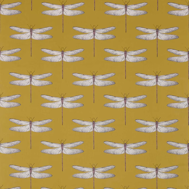 Chartreuse olive fabric with pale grey dragonflies and grape-purple detailing