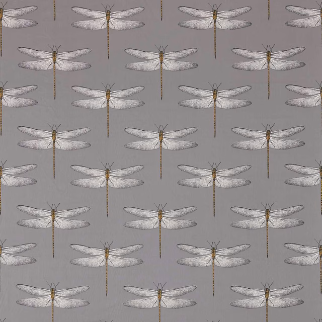 Graphite grey fabric with pale almond dragonflies and slender warm brown bodies