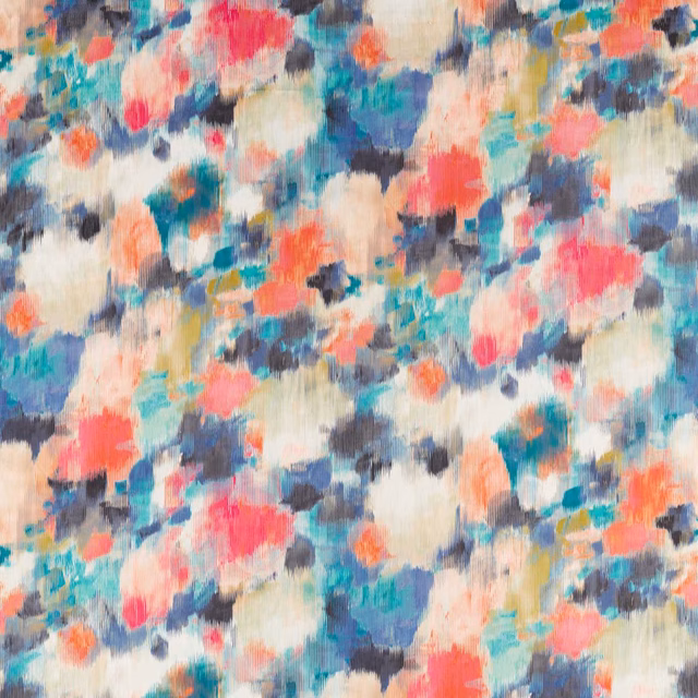 Teal, fuchsia and mandarin painterly marks across a softly textured cream ground