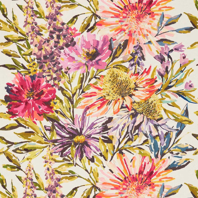 Fuchsia, lilac and lime botanical bouquet print on a pale ground