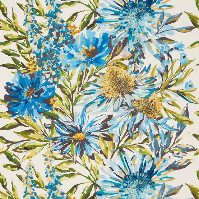 Painterly turquoise and marine-blue flowers with olive leaves on a creamy ground