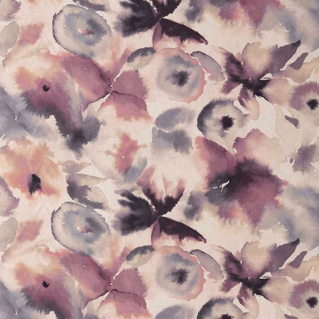 Large painterly florals in damson, mauve, blush and grey on a cream ground