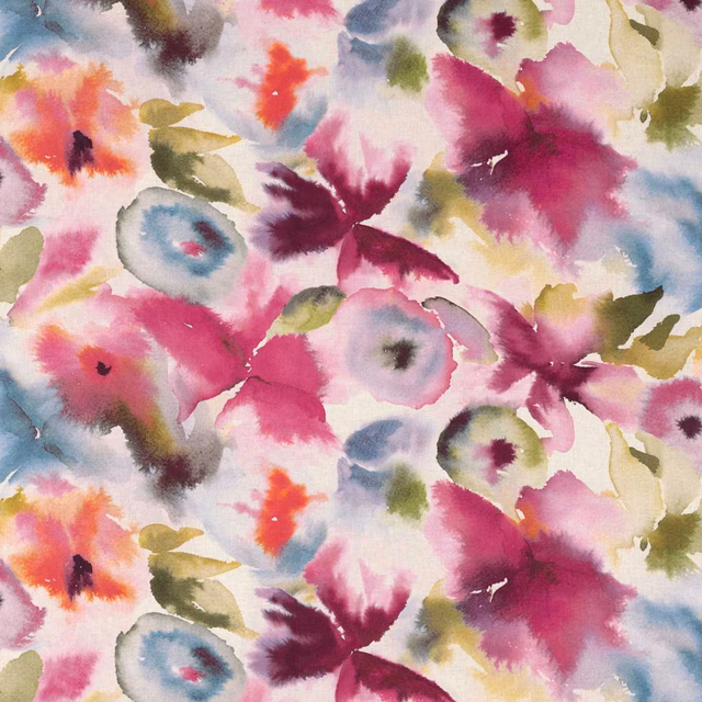 Watercolour-style fuchsia, azure and olive flowers scattered across an ivory fabric ground