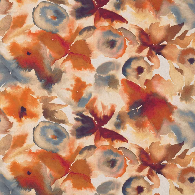 Painterly rust, ruby and blue blooms scattered across a warm cream ground