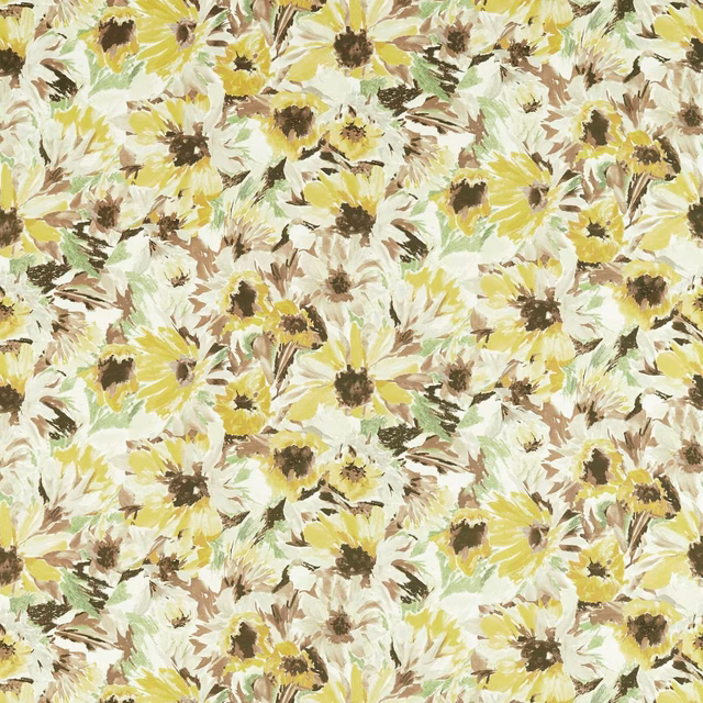 Pale cream floral fabric with lime sunflowers, olive leaves and dark painted centres