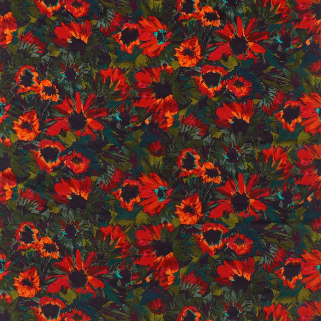 Dense vermillion and harissa flowers with fig-leaf foliage on dark velvet ground