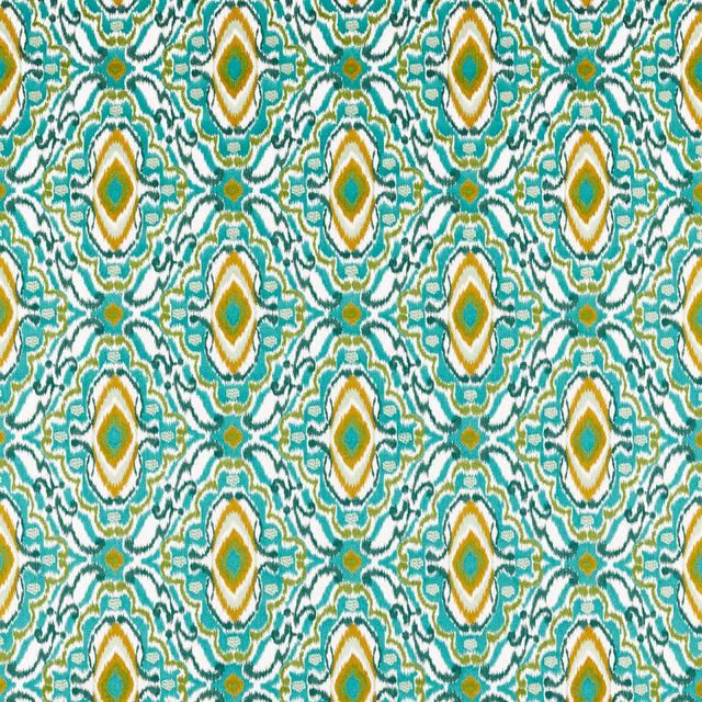 Emerald and chartreuse geometric diamond motifs on a cream woven fabric