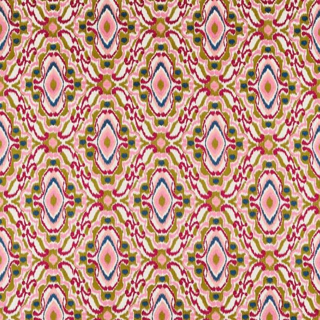 Pomegranate, green and ink diamond motifs on a pale geometric fabric ground