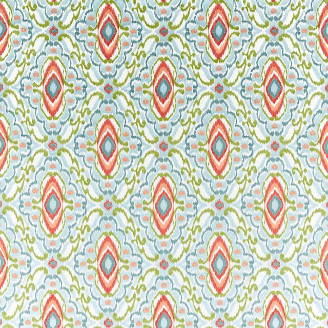 Pale sky fabric with coral diamond medallions, olive curls and teal accents