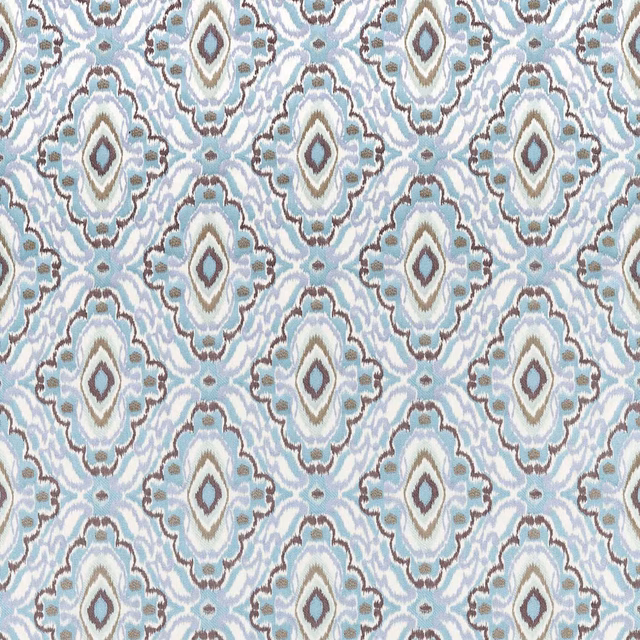 Pale sky-blue and seaglass geometric medallion fabric with taupe sketch outlines