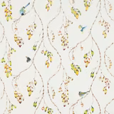 Cream voile with paprika, kiwi, yellow leaves and blue birds on branching stems