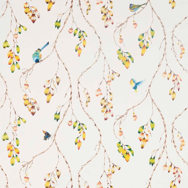 Cream voile with paprika, kiwi, yellow leaves and blue birds on branching stems