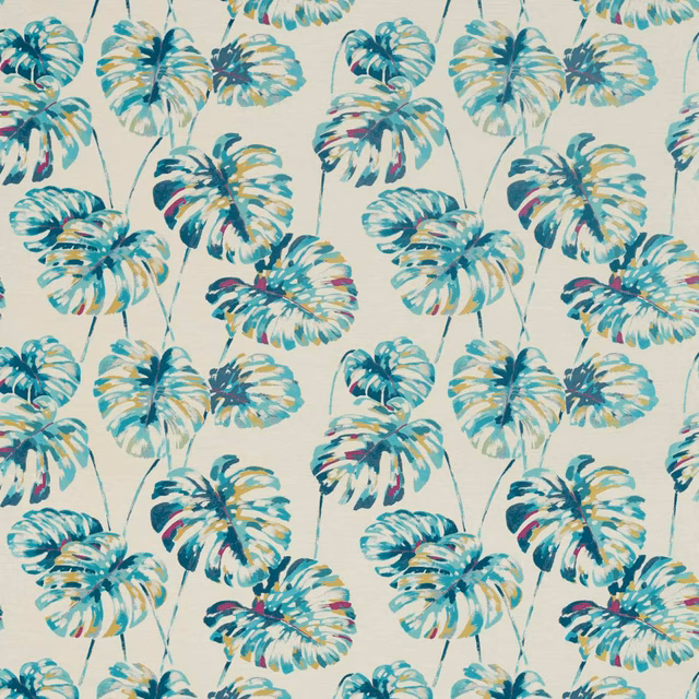 Cream fabric with painterly teal tropical leaves and vivid cerise accents