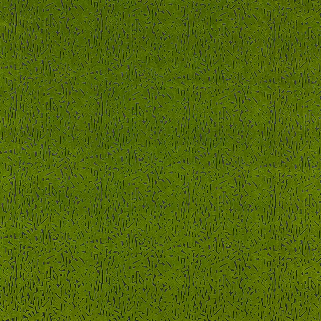 Mossy olive green fabric with dense black irregular linear marks and textured surface