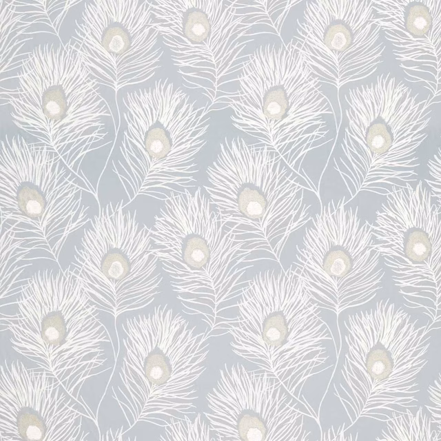 Powder-blue fabric with ivory peacock feathers and softly contrasting gilver centres