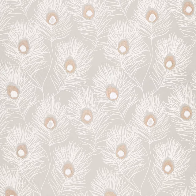 Pale pearl fabric with white peacock feathers and soft rose-gold eye motifs
