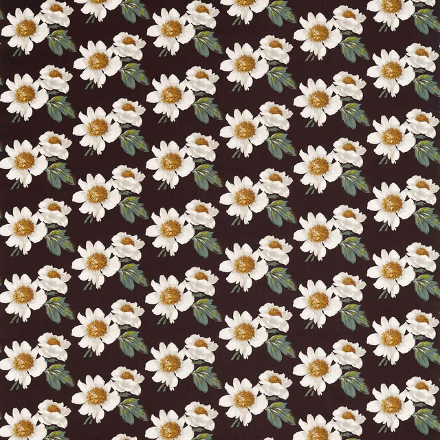 Ivory daisy blooms and sage leaves on a near-black floral fabric ground