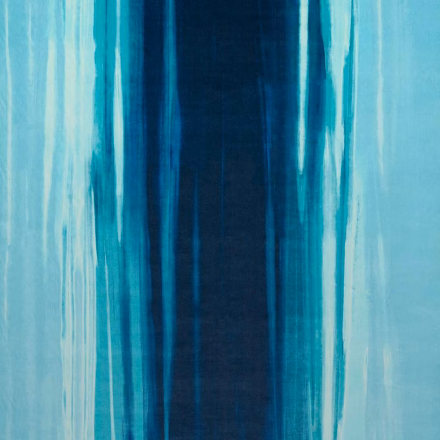 Painterly velvet with deep navy, lagoon teal and pale sky-blue vertical bands