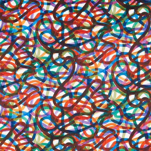 Dense abstract loops in rosewood, forest green, blue, cream and violet fabric