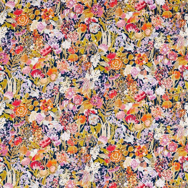 Dense floral textile with pomegranate red, peony pink, navy blue and olive leaves