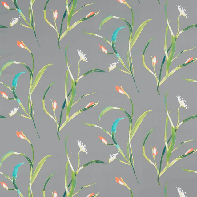 Charcoal fabric with painterly kiwi leaves, turquoise strokes, coral buds and white flowers