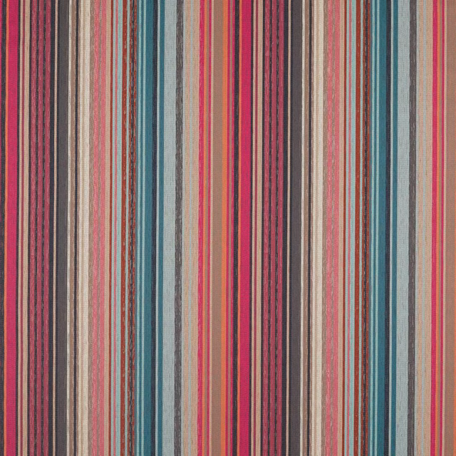 Cerise, marine, coral and blue-grey vertical stripes in a dense woven textile