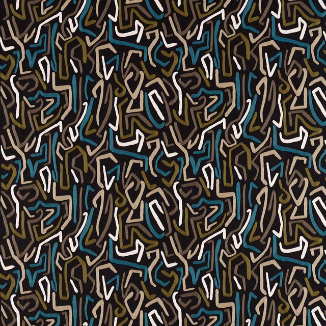 Dense black abstract textile with angular teal, coral, cream and olive marks