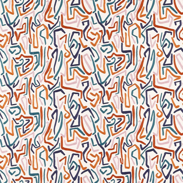 Cream textile with looping teal, navy and rust linear marks in a dense abstract repeat