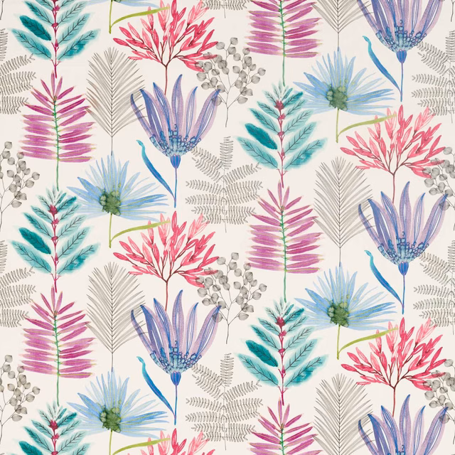 Cerise and lagoon botanical stems with blue-violet flowers on an ivory ground