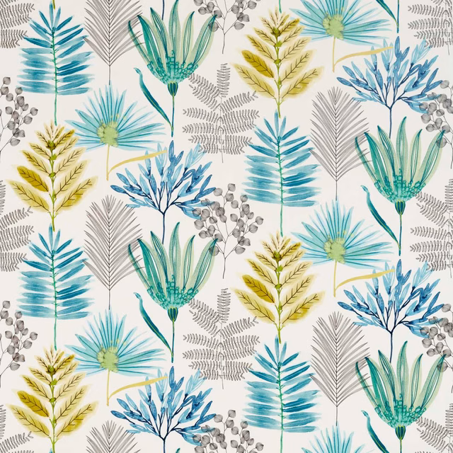 Emerald and zest botanical foliage with blue-grey leaves on an ivory fabric ground