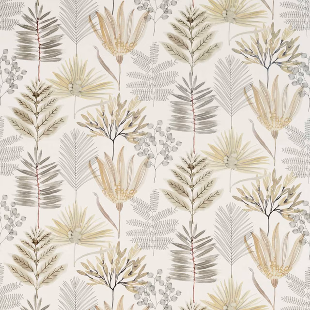 Ochre, olive and grey botanical stems scattered across linen-coloured fabric