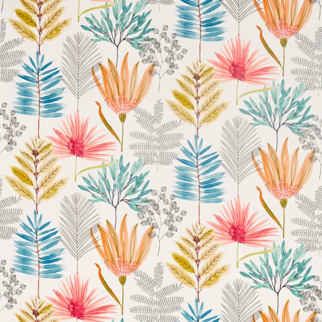 Paprika, teal and kiwi botanical flowers and leaves on a pale cream fabric