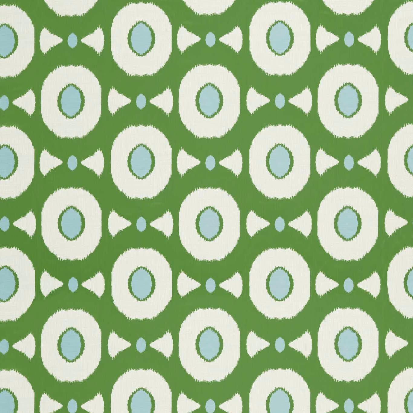 Emerald green geometric fabric with ivory rings and pale sky-blue centres