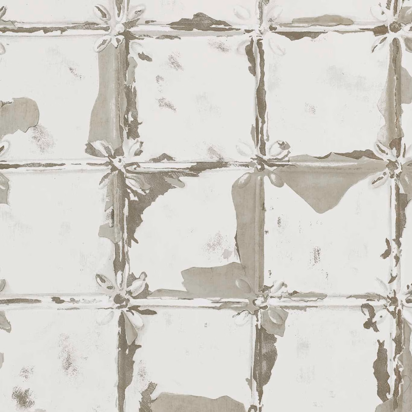 Chalky ivory wallpaper with distressed taupe lattice lines and botanical corner motifs