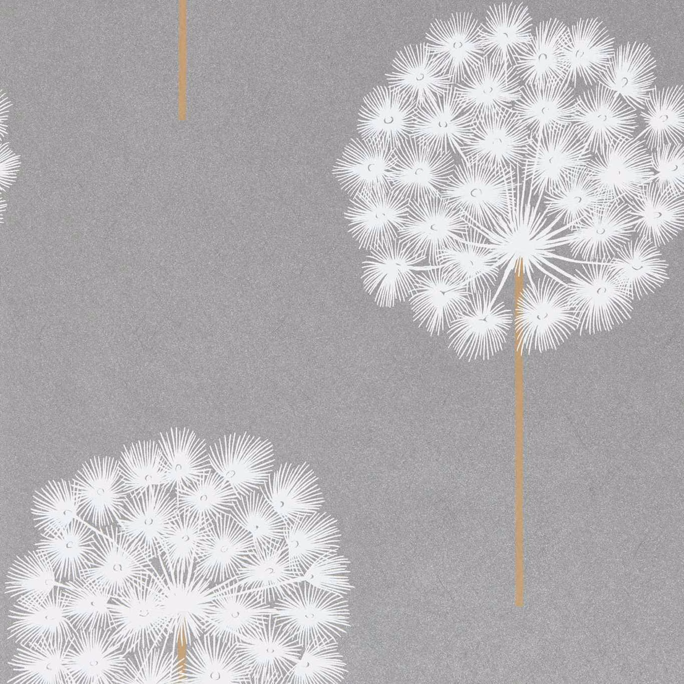 Cool pewter wallpaper with white dandelion bursts and slender brass stems